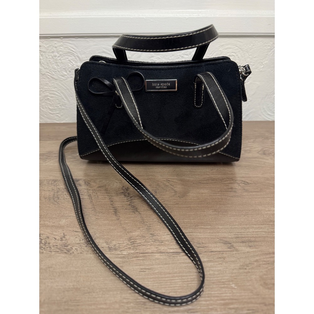 Kate Spade New York Black Suede Leather Satchel Crossbody Bag Bow Detail
